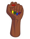 Afro american or african pride fist. Female arm raised with rainbow colored finger nails. Isolated on white background. Unity